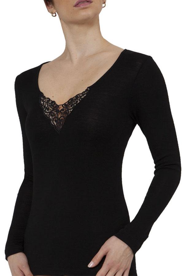 Pure Wool Long Sleeve Thermal with Guippure Motif - Baselayers - Genevieve's Wardrobe Australia